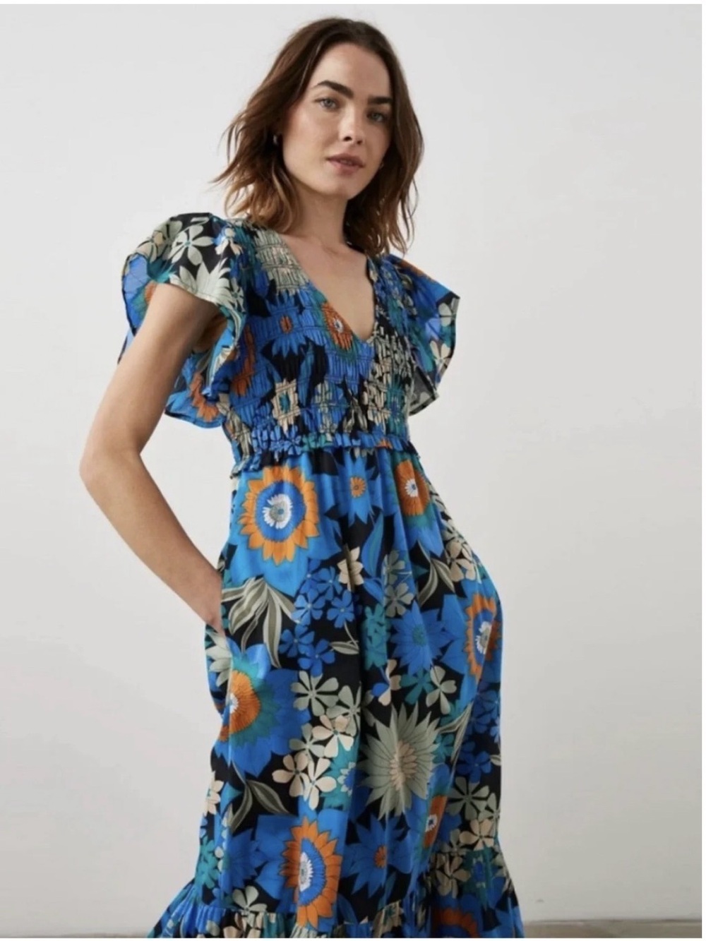 Rails “Clementine” Azul Wildflower Blue & Orange Floral Smocked Midi-Dress, sz L